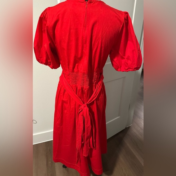 Free Assembly Red Cotton Bow Wrap Around Tie Midi Dress with Puff Sleeves - Picture 8 of 14